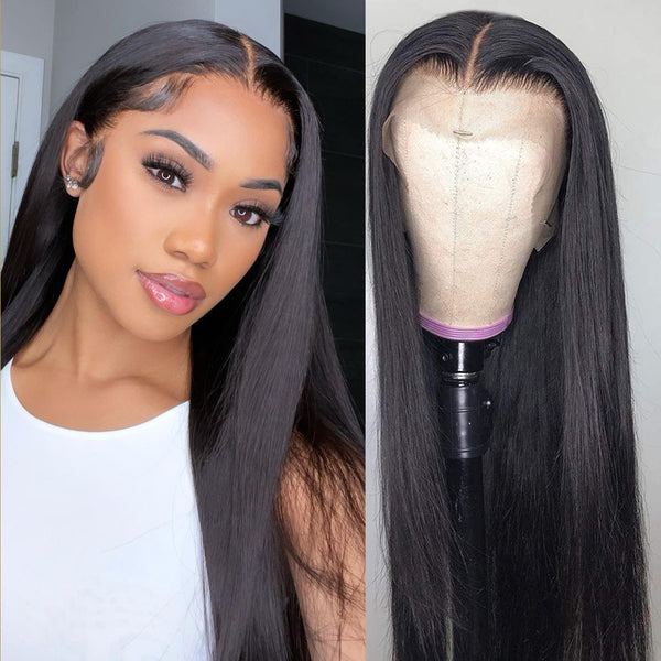 AngieQueen 13x4 T Part Lace Front Wigs Indian Silky Straight Human Hair Wigs 180% Density Pre-plucked