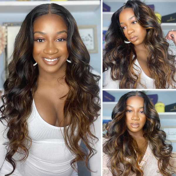 AngieQueen 1B/30 Highlight Colored Lace Front Wig Body Wave Human Hair 180% Density