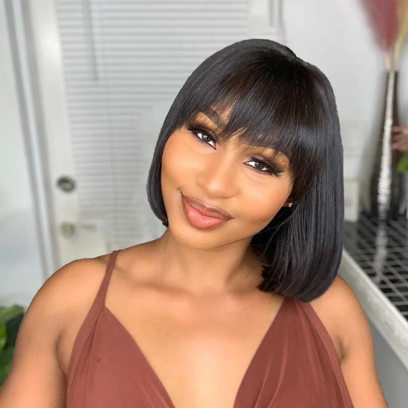 Angie Queen Full Machine Made Glueless Wig with Bangs Remy Straight Human Hair Bob Wig