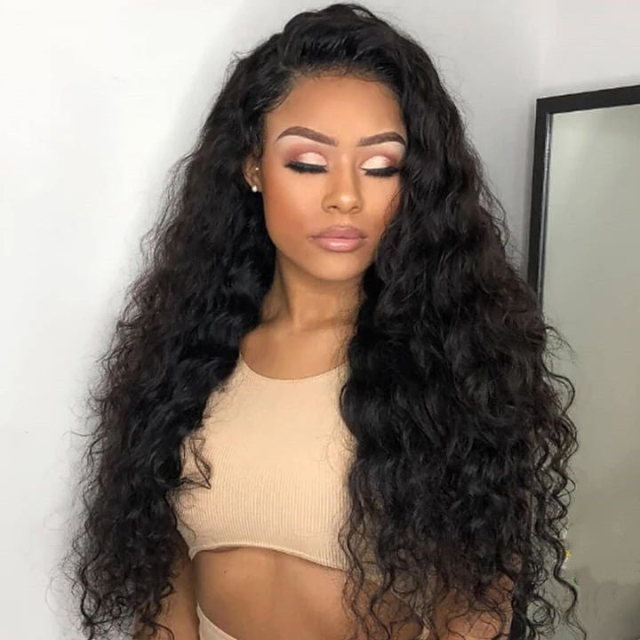 Angie Queen 4*4 Lace Closure Wigs Peruvian Water Wave Human Hair Wigs 180% Density Pre-plucked