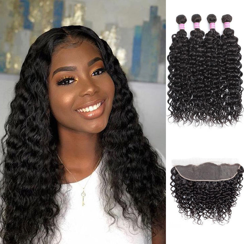 Angie Queen 4 Bundles with Frontal Indian Water Wave Virgin Human Hair Weave Bundles