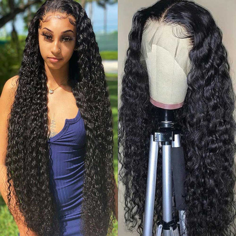 Angiequeen Water Wave Real 13X4 HD /Transparent 18-36 inches Natural Black Long Wig