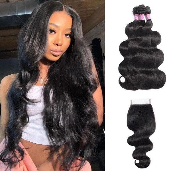 Angie Queen 3 Bundles with Closure Malaysian Body Wave Virgin Human Hair Weave Bundles