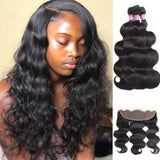 Angie Queen 3 Bundles with Frontal Malaysian Body Wave Virgin Human Hair Weave Bundles