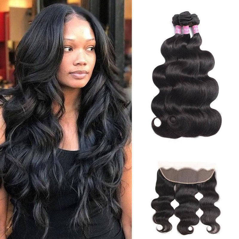 Angie Queen 3 Bundles with Frontal Brazilian Body Wave Virgin Human Hair Weave Bundles