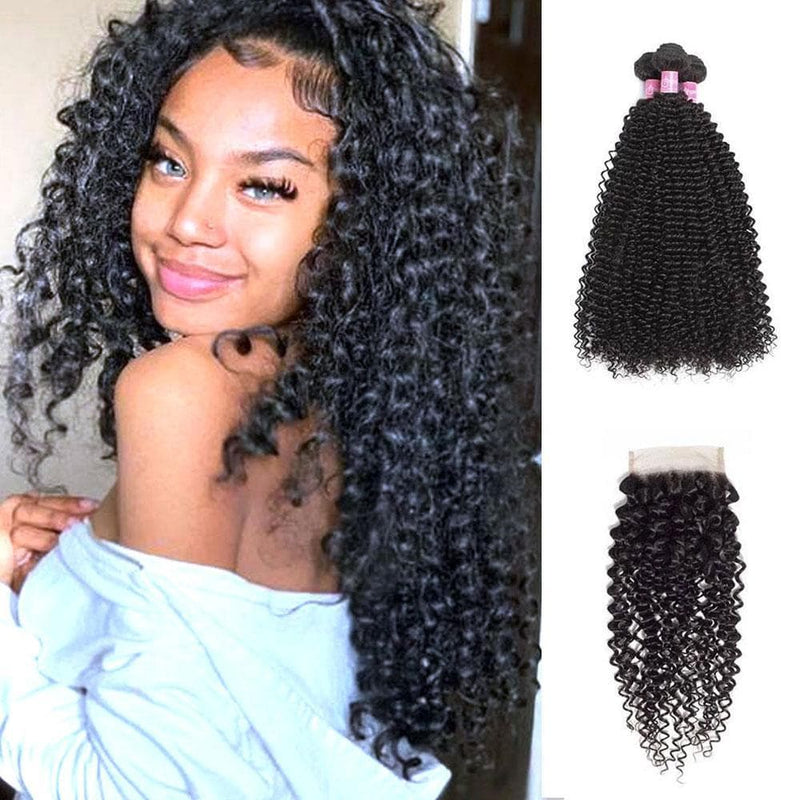 Angie Queen 3 Bundles with Closure Peruvian Curly Virgin Human Hair Weave Bundles