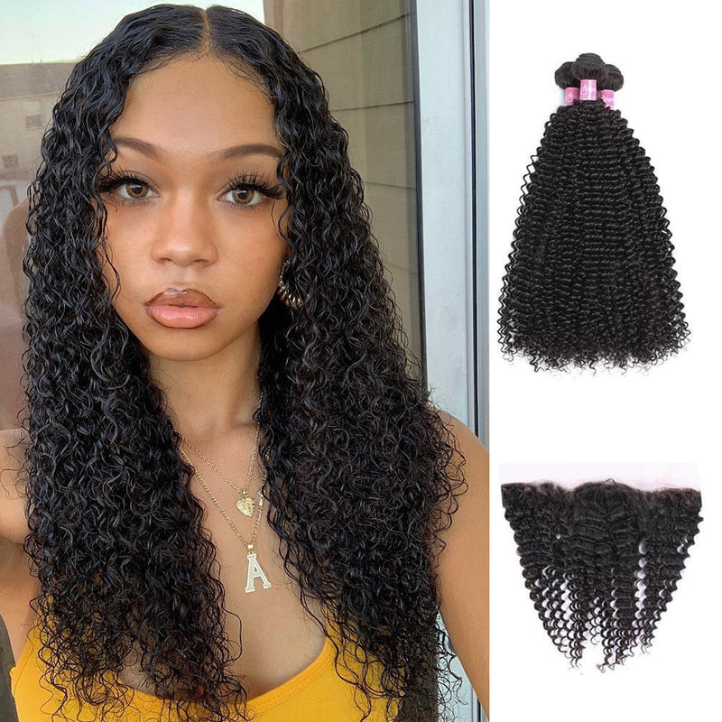 Angie Queen 3 Bundles with Frontal Peruvian Curly Virgin Human Hair Weave Bundles