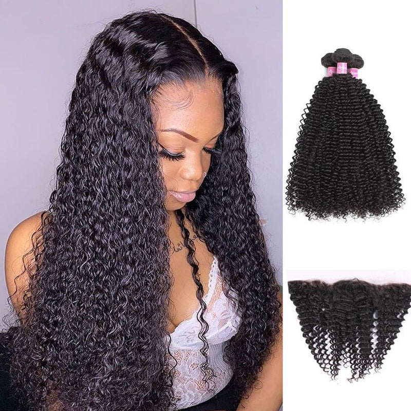 Angie Queen 3 Bundles with Frontal Brazilian Curly Virgin Human Hair Weave Bundles
