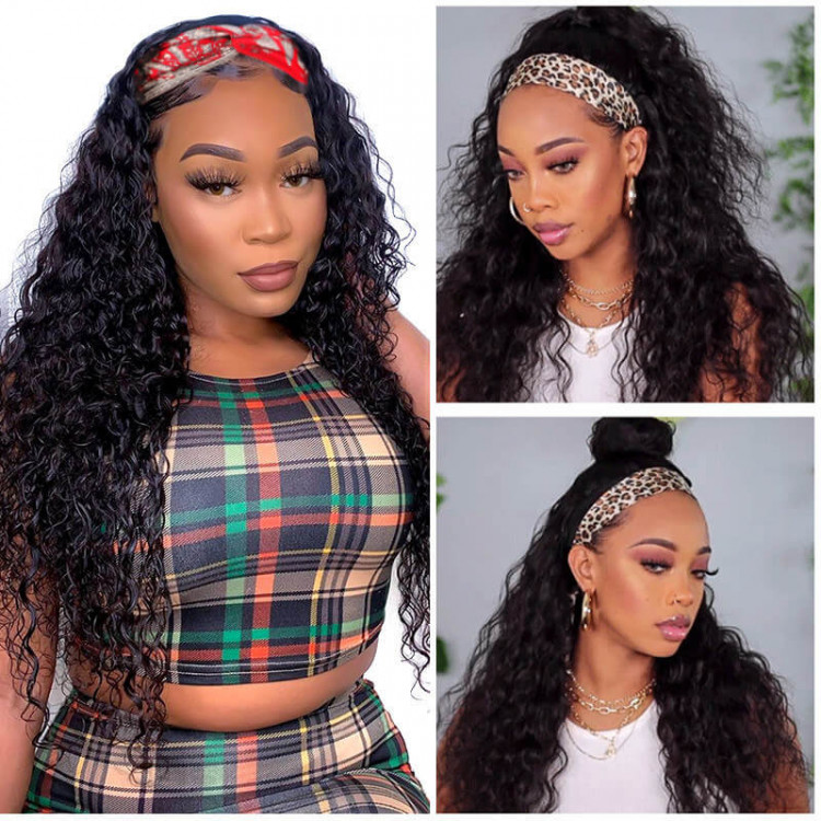 AngieQueen Jerry Curly Human Hair Wig Glueless Wig Brazilian Virgin Hair Machine Made Headband Wig 180% Density