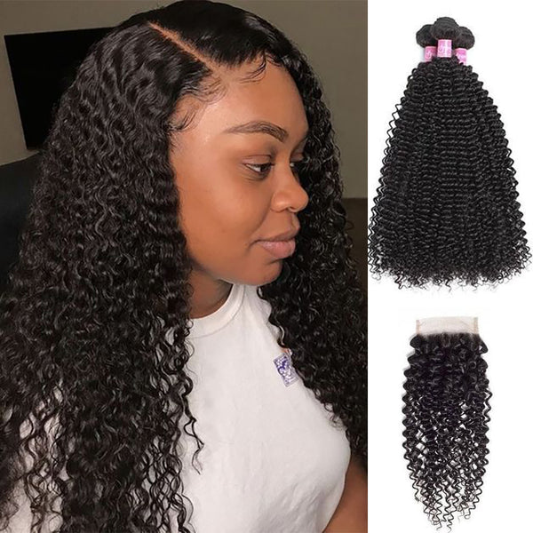 Angie Queen 4 Bundles with Closure Brazilian Curly Virgin Human Hair Weave Bundles