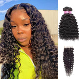 Angie Queen 3 Bundles with Closure Malaysian Deep Wave Virgin Human Hair Weave Bundles