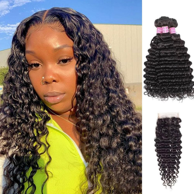 Angie Queen 3 Bundles with Closure Malaysian Deep Wave Virgin Human Hair Weave Bundles