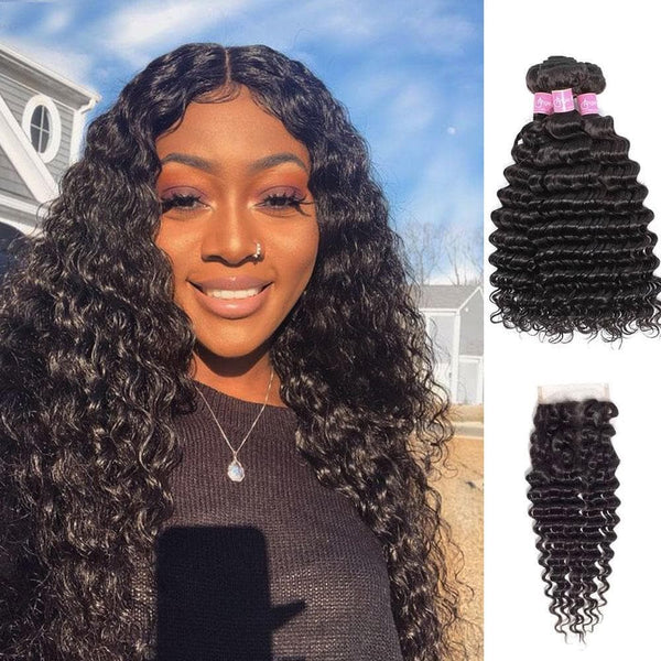 Angie Queen 3 Bundles with Closure Peruvian Deep Wave Virgin Human Hair Weave Bundles