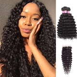 Angie Queen 3 Bundles with Closure Indian Deep Wave Virgin Human Hair Weave Bundles