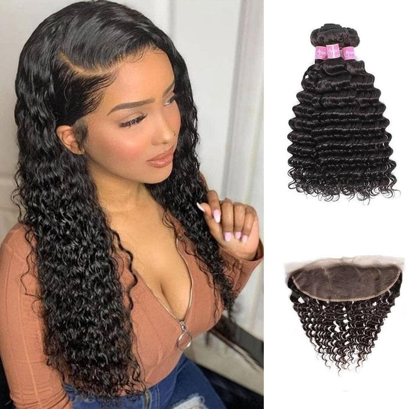 Angie Queen 3 Bundles with Frontal Peruvian Deep Wave Virgin Human Hair Weave Bundles