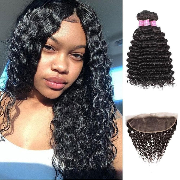 Angie Queen 3 Bundles with Frontal Brazilian Deep Wave Virgin Human Hair Weave Bundles