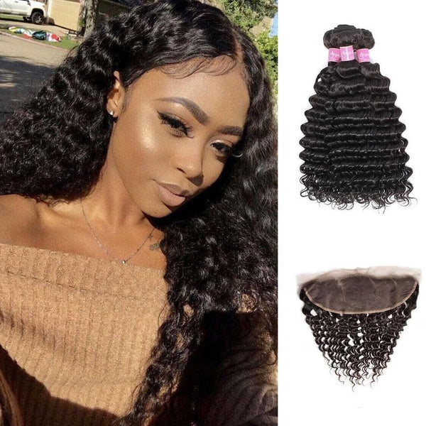 Angie Queen 3 Bundles with Frontal Indian Deep Wave Virgin Human Hair Weave Bundles