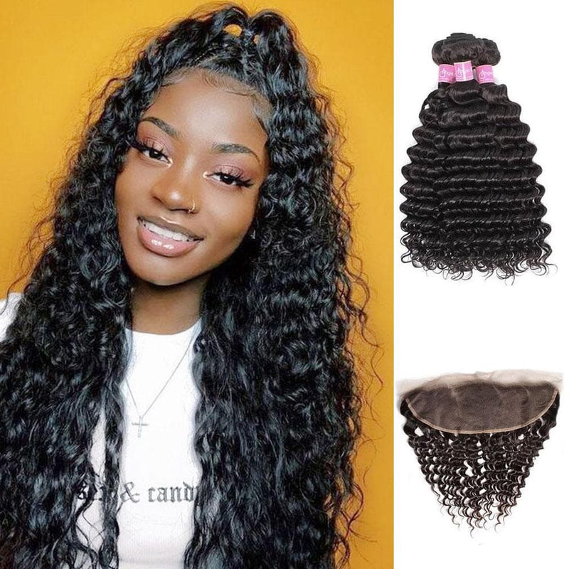 Angie Queen 3 Bundles with Frontal Malaysian Deep Wave Virgin Human Hair Weave Bundles