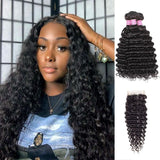 Angie Queen 3 Bundles with Closure Brazilian Deep Wave Virgin Human Hair Weave Bundles