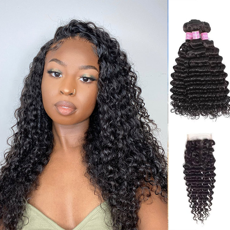 Angie Queen 3 Bundles with Closure Brazilian Deep Wave Virgin Human Hair Weave Bundles