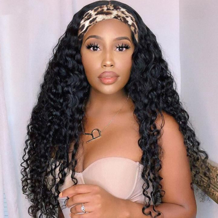 AngieQueen Deep Wave Human Hair Wig Glueless Wig Brazilian Virgin Hair Machine Made Headband Wig 180% Density
