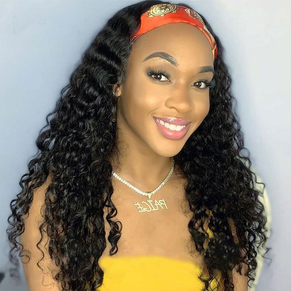 AngieQueen Deep Wave Human Hair Wig Glueless Wig Brazilian Virgin Hair Machine Made Headband Wig 180% Density