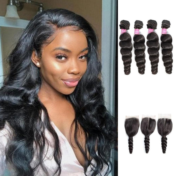 Angie Queen 4 Bundles with Closure Peruvian Loose Wave Virgin Human Hair Weave Bundles