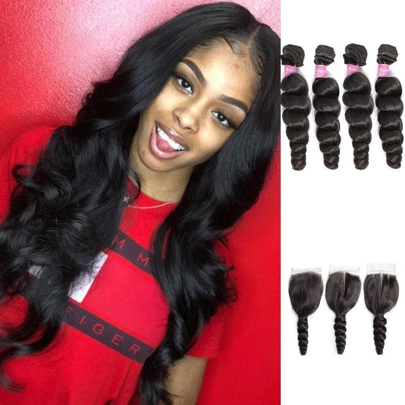 Angie Queen 4 Bundles with Closure Indian Loose Wave Virgin Human Hair Weave Bundles