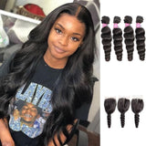 Angie Queen 4 Bundles with Closure Brazilian Loose Wave Virgin Human Hair Weave Bundles