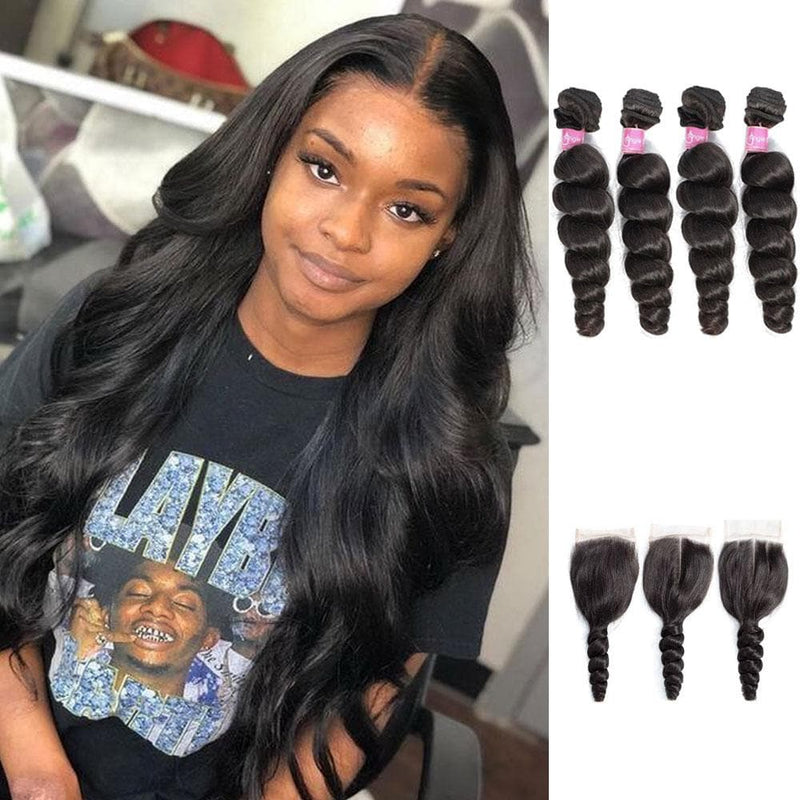 Angie Queen 4 Bundles with Closure Brazilian Loose Wave Virgin Human Hair Weave Bundles