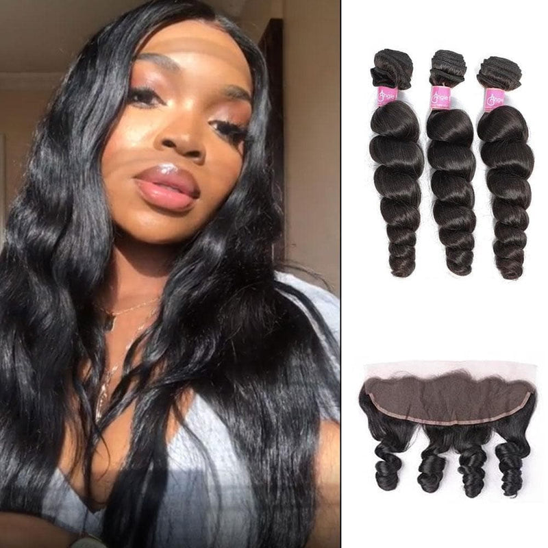 Angie Queen 3 Bundles with Frontal Brazilian Loose Wave Virgin Human Hair Weave Bundles