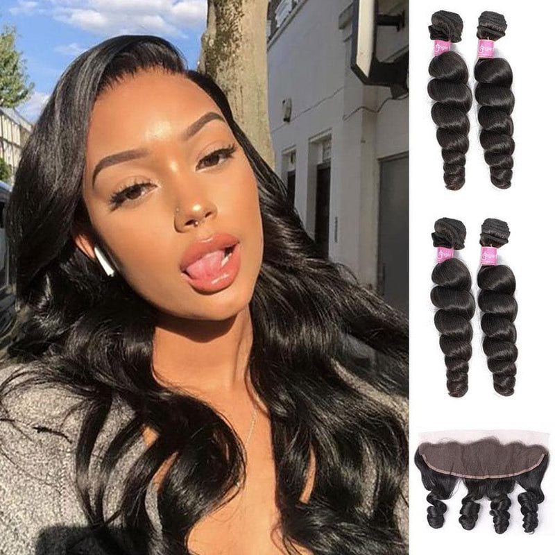 Angie Queen 4 Bundles with Frontal Indian Loose Wave Virgin Human Hair Weave Bundles