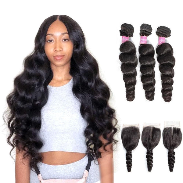 Angie Queen 3 Bundles with Closure Brazilian Loose Wave Virgin Human Hair Weave Bundles