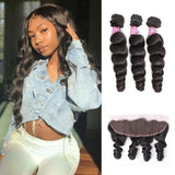 Angie Queen 3 Bundles with Frontal Malaysian Loose Wave Virgin Human Hair Weave Bundles
