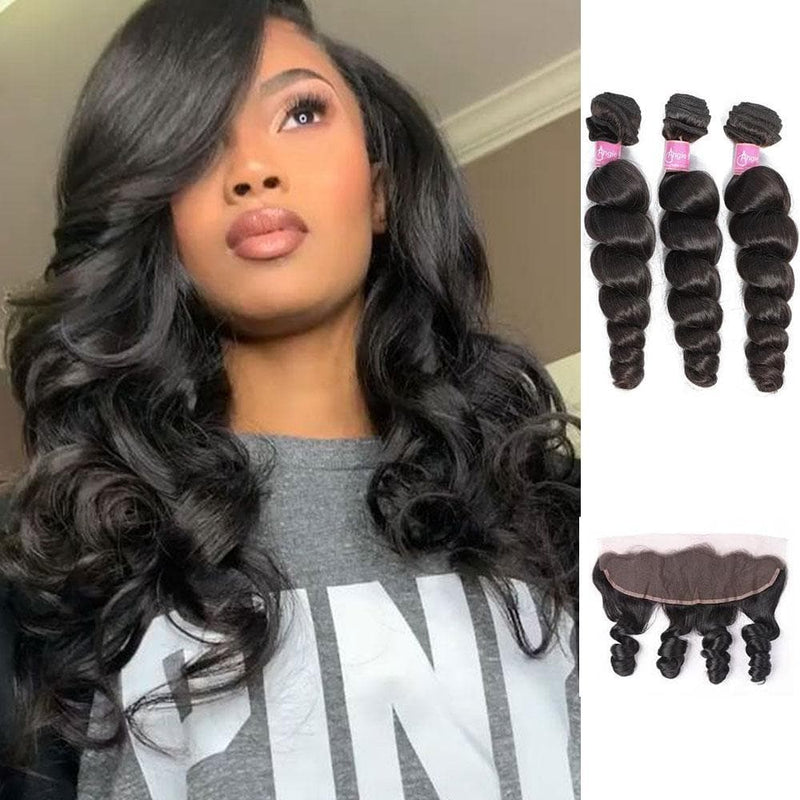 Angie Queen 3 Bundles with Frontal Peruvian Loose Wave Virgin Human Hair Weave Bundles