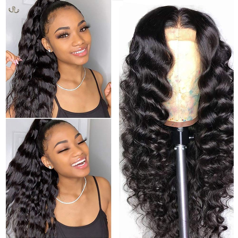 Angie Queen 4*4 Lace Closure Wigs Brazilian Loose Deep Wave Human Hair Wigs 180% Density Pre-plucked