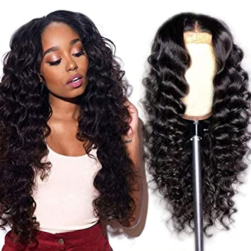 Angie Queen 4*4 Lace Closure Wigs Peruvian Loose Deep Wave Human Hair Wigs 180% Density Pre-plucked