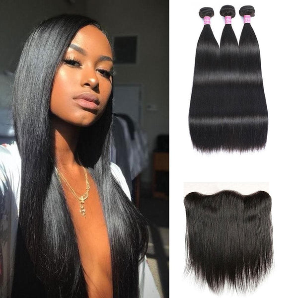 Affordable Angie Queen 3 Bundles with Frontal Brazilian Silky Straight Virgin Human Hair Weave Bundles on Sales, No Shedding, No Tangle, Unprocessed Raw Cuticle Aligned Virgin Hair, Free Shipping, 2-4 Days Arrival. 7 Days No Reason Return.