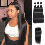 Angie Queen 3 Bundles with Closure Brazilian Silky Straight Virgin Human Hair Weave Bundles