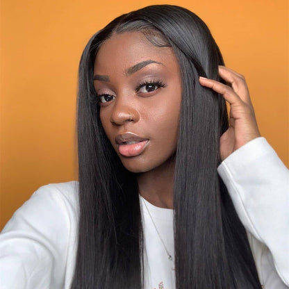 AngieQueen 13x4 T Part Lace Front Wigs Peruvian Silky Straight Human Hair Wigs 180% Density Pre-plucked