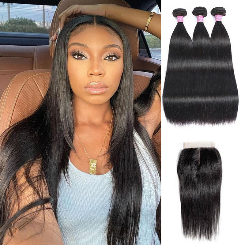 Angie Queen 3 Bundles with Closure Brazilian Silky Straight Virgin Human Hair Weave Bundles