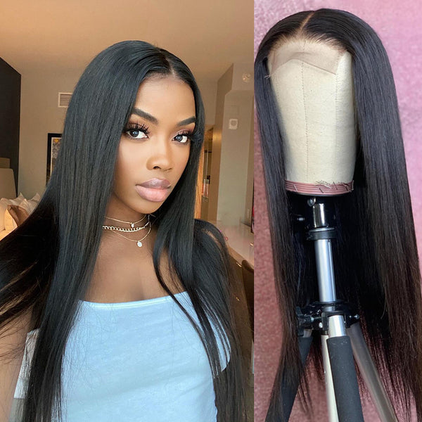 Angie Queen 4*4 Lace Closure Wigs Perruques de cheveux humains droits brésiliens 180% de densité pré-collés