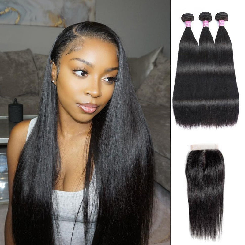 Angie Queen 3 Bundles with Closure Malaysian Silky Straight Virgin Human Hair Weave Bundles