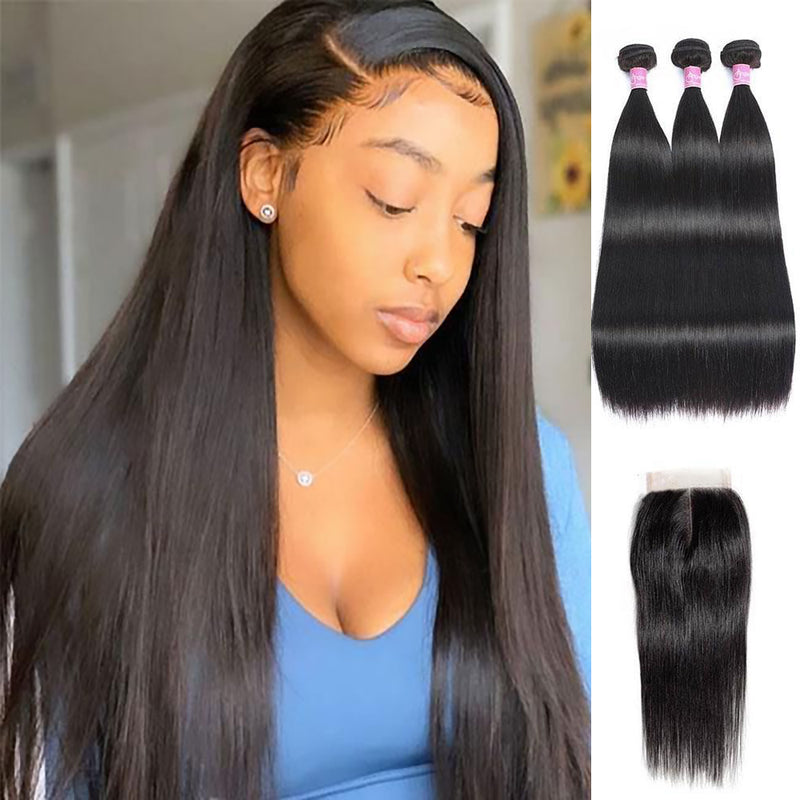 Angie Queen 4 Bundles with Closure Brazilian Silky Straight Virgin Human Hair Weave Bundles