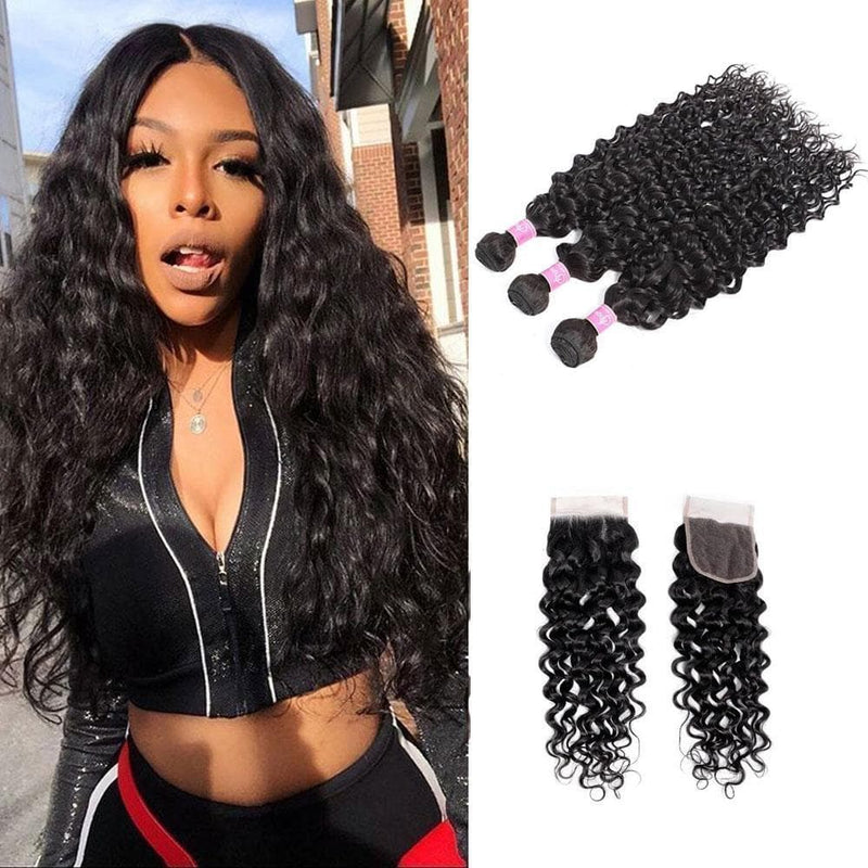 Angie Queen 3 Bundles with Closure Malaysian Water Wave Virgin Human Hair Weave Bundles