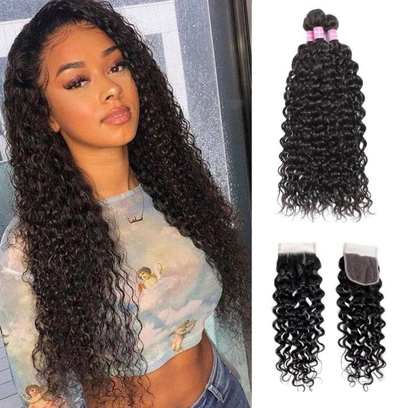 Angie Queen 3 Bundles with Closure Peruvian Water Wave Virgin Human Hair Weave Bundles
