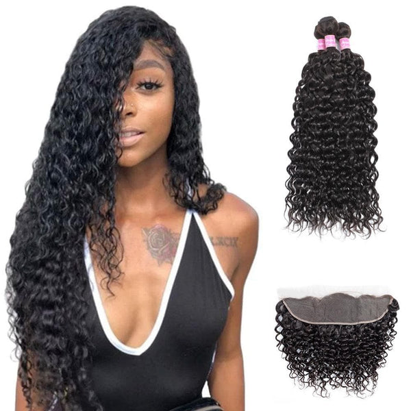 Angie Queen 3 Bundles with Frontal Malaysian Water Wave Virgin Human Hair Weave Bundles