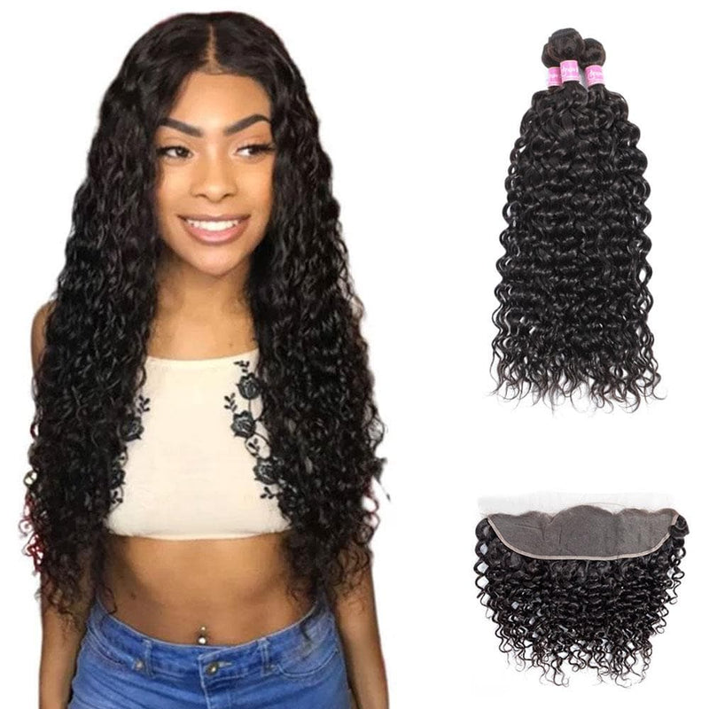 Angie Queen 3 Bundles with Frontal Peruvian Water Wave Virgin Human Hair Weave Bundles