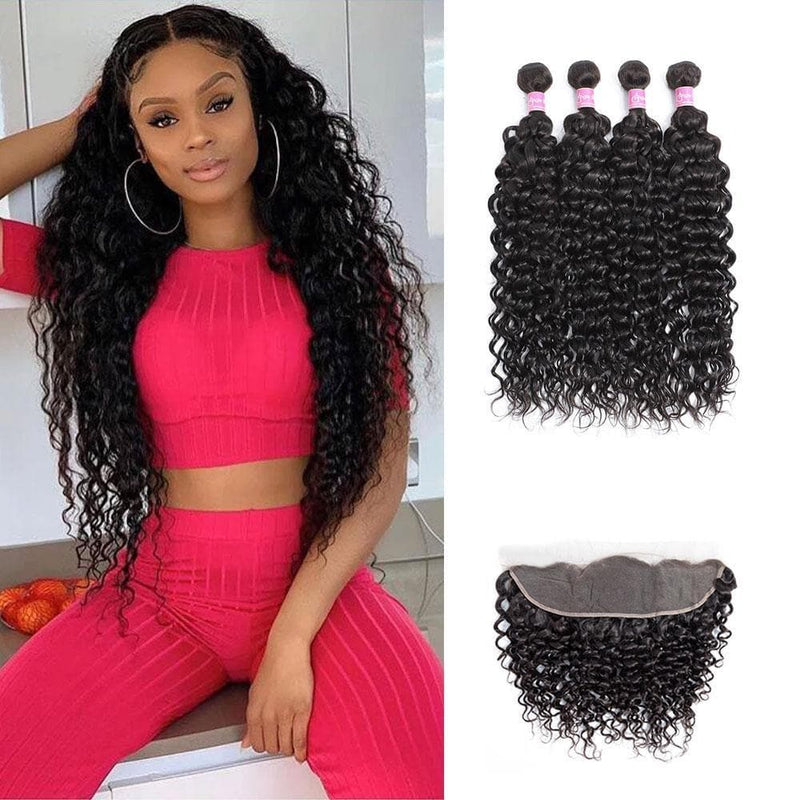 Angie Queen 4 Bundles with Frontal Malaysian Water Wave Virgin Human Hair Weave Bundles