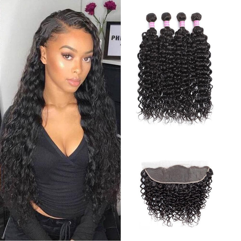 Angie Queen 4 Bundles with Frontal Brazilian Water Wave Virgin Human Hair Weave Bundles